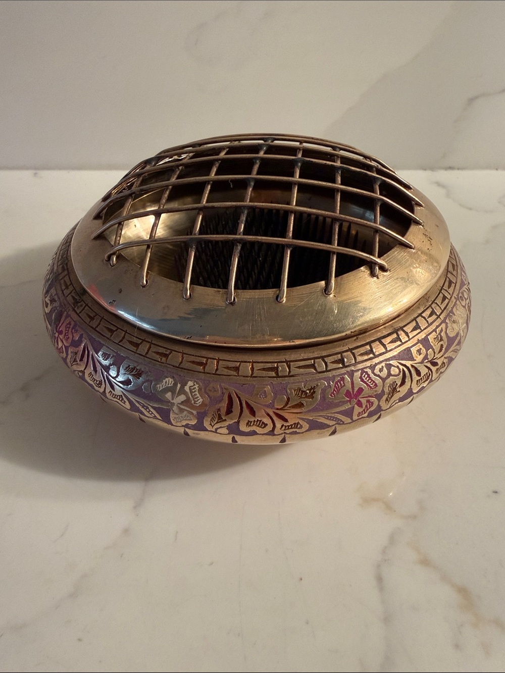 Vintage British India Brass Floral Inlay Flower Frog